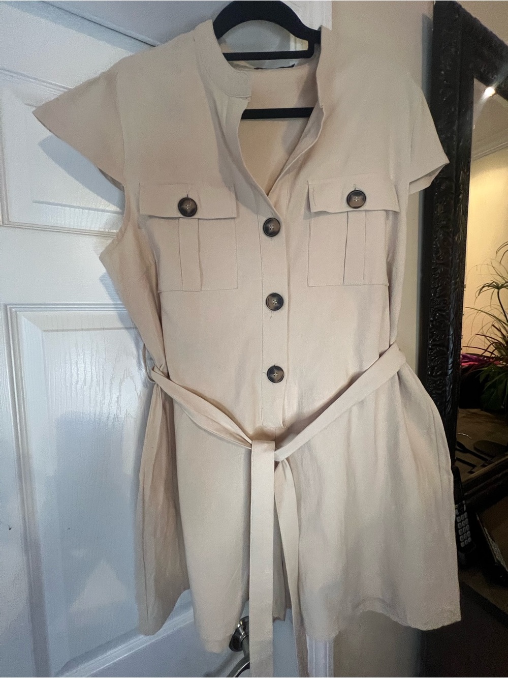 Boohoo Cream Linen Blend Button-Front Romper Shorts with Waist Tie